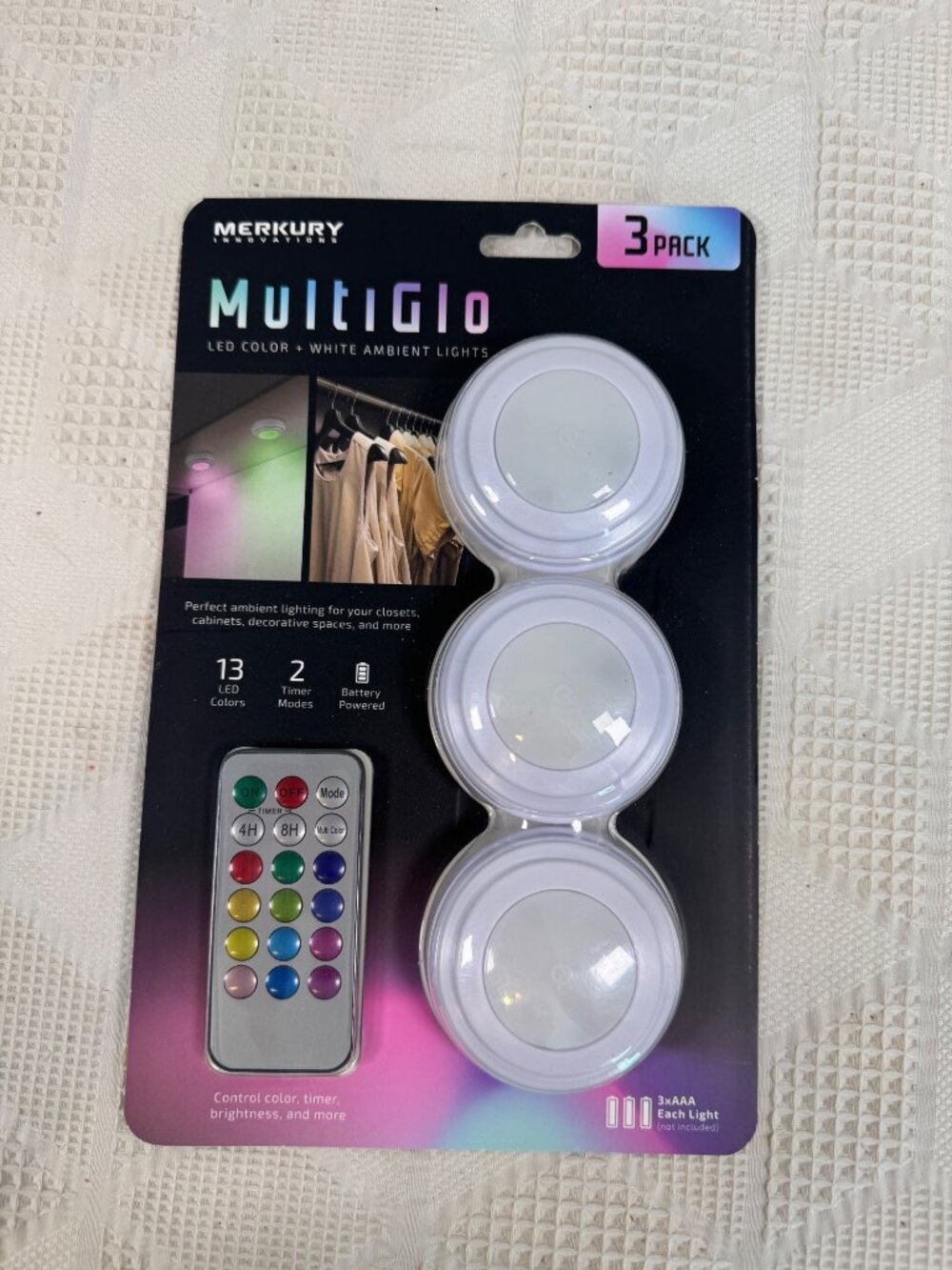 Merkury MultiGlo 3 Pack LED Puck Lights Remote Control 13 Color 2 Timer Mode NIB